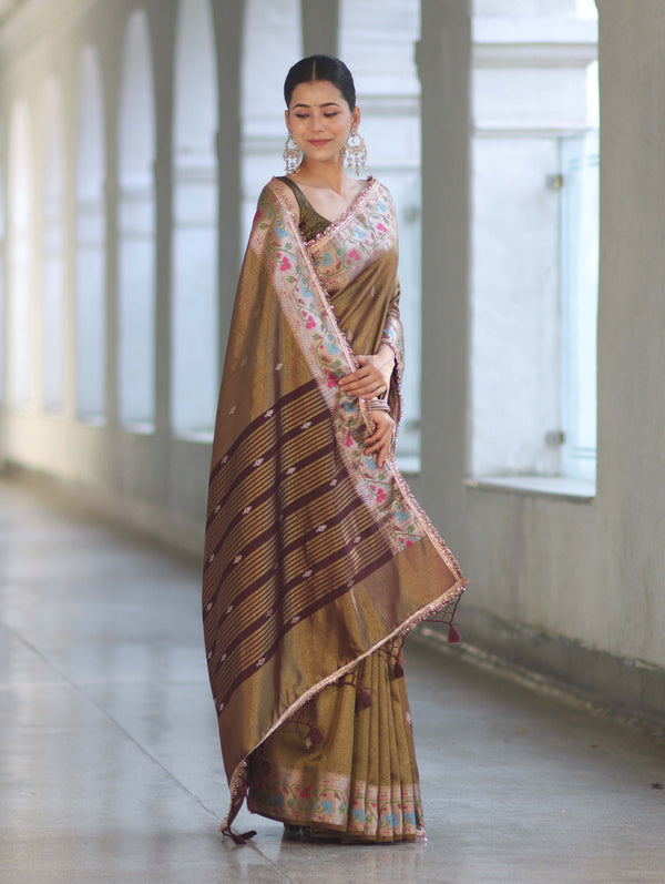 Banarasee Handloom Dual Tone Shimmer Silk Saree With Buti Design & Lace Border-Olive Green