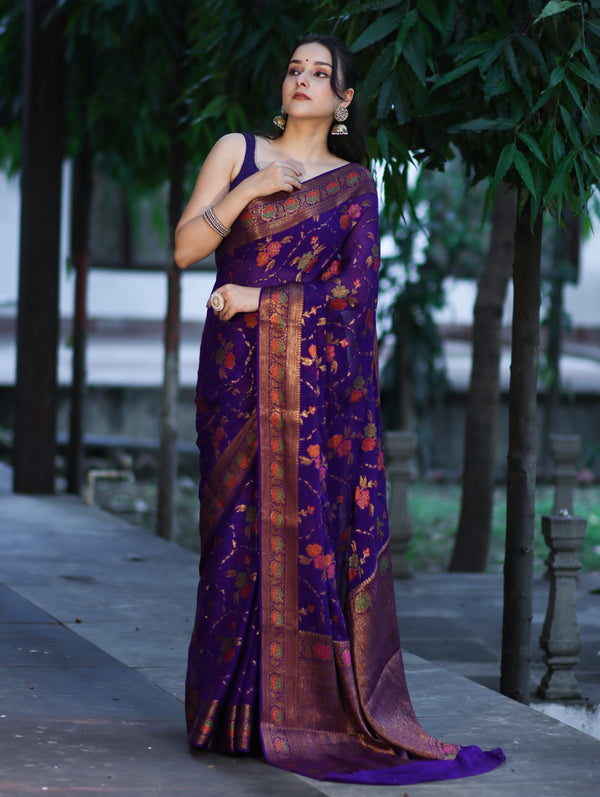 Banarasee Handloom Pure Chiffon Saree With Resham Work-Violet