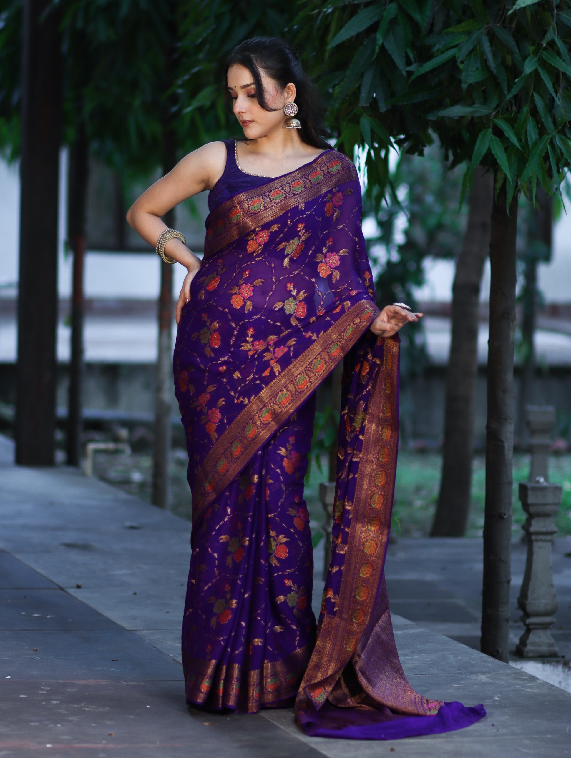 Banarasee Handloom Pure Chiffon Saree With Resham Work-Violet