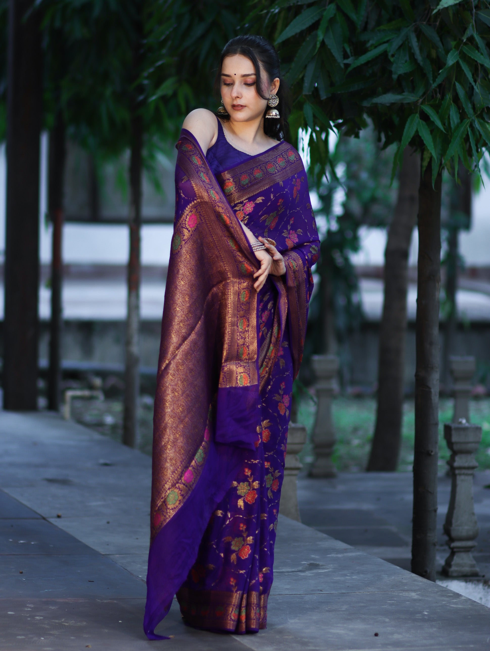 Banarasee Handloom Pure Chiffon Saree With Resham Work-Violet