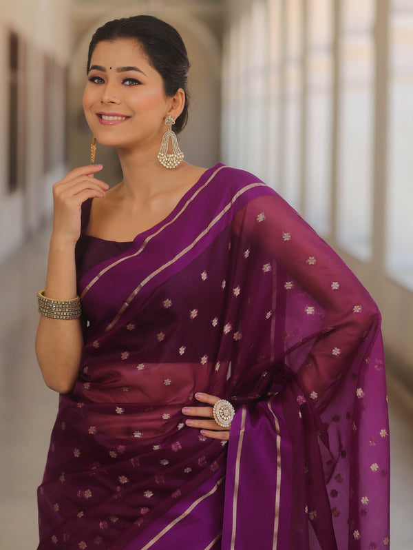Banarasee Organza Saree With Zari Buti & Satin Border-Violet