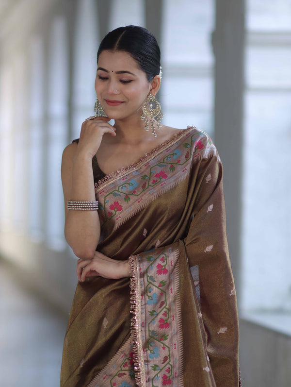 Banarasee Handloom Dual Tone Shimmer Silk Saree With Buti Design & Lace Border-Olive Green