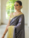 Banarasee Handwoven Semi Silk Saree With Stripes Design & Solid Border-Blue & Green