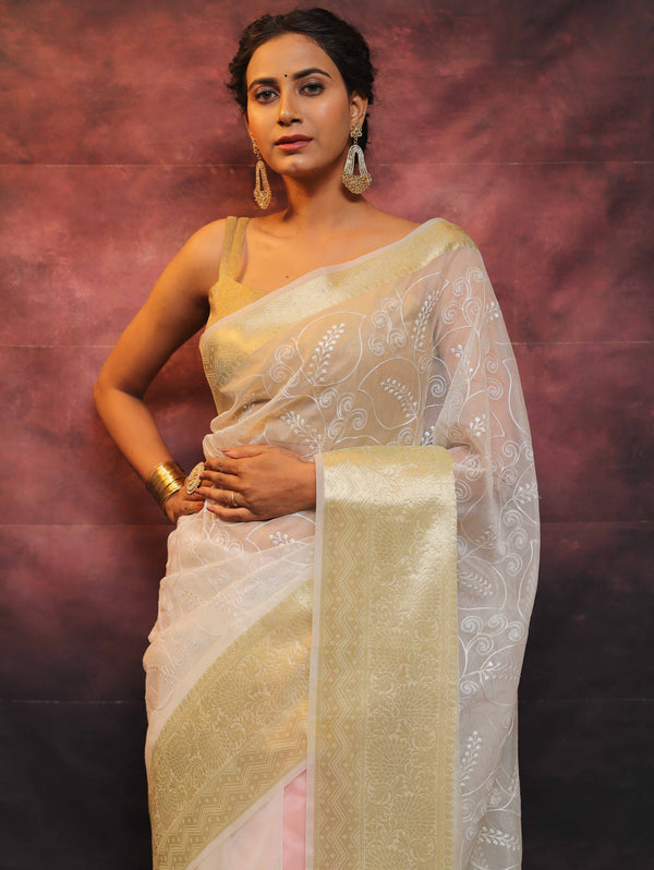 Banarasee Handwoven Broad Border Organza Saree With Embroidered Floral Design-White