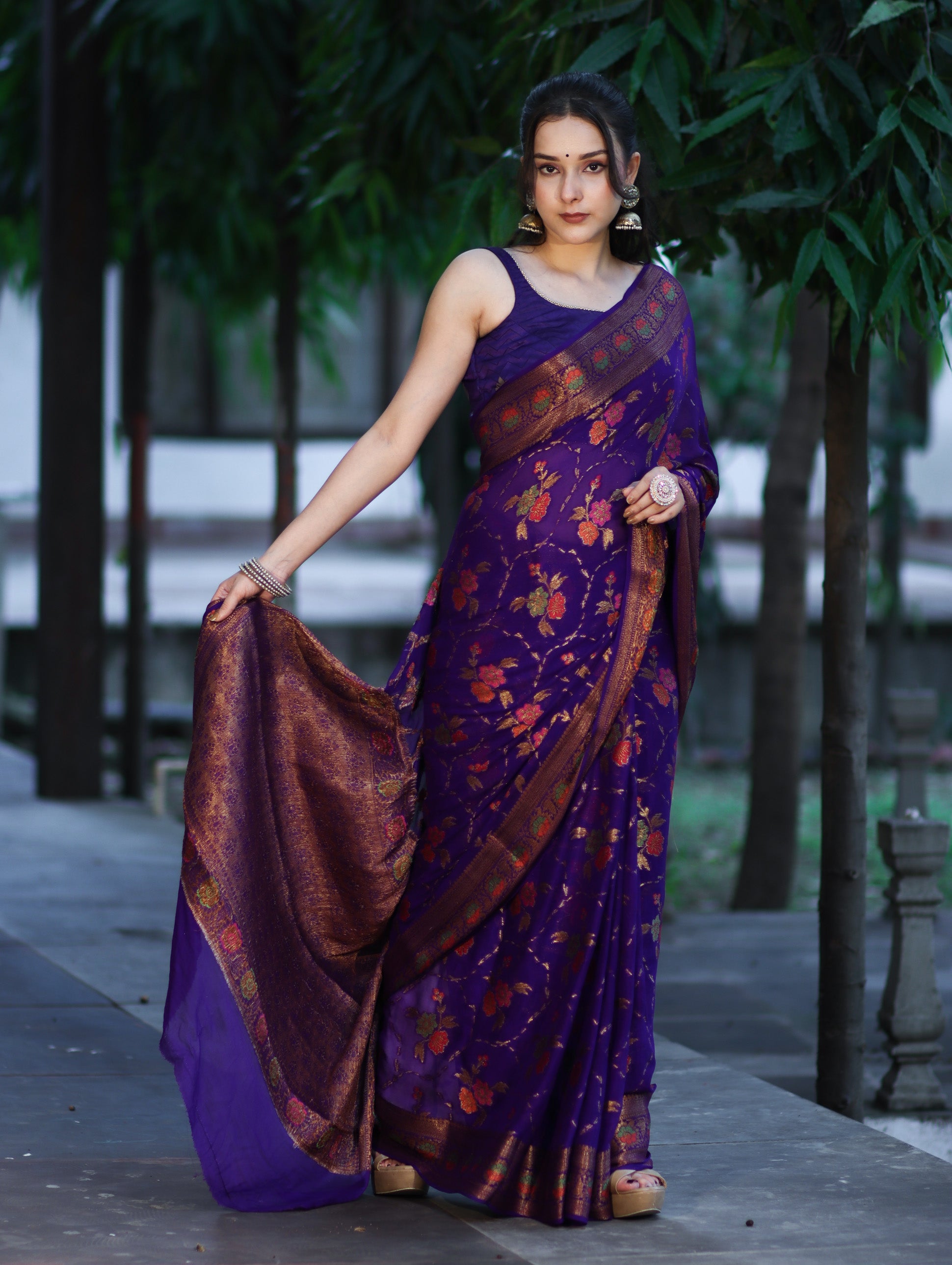 Banarasee Handloom Pure Chiffon Saree With Resham Work-Violet