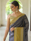 Banarasee Handwoven Semi Silk Saree With Stripes Design & Solid Border-Blue & Green