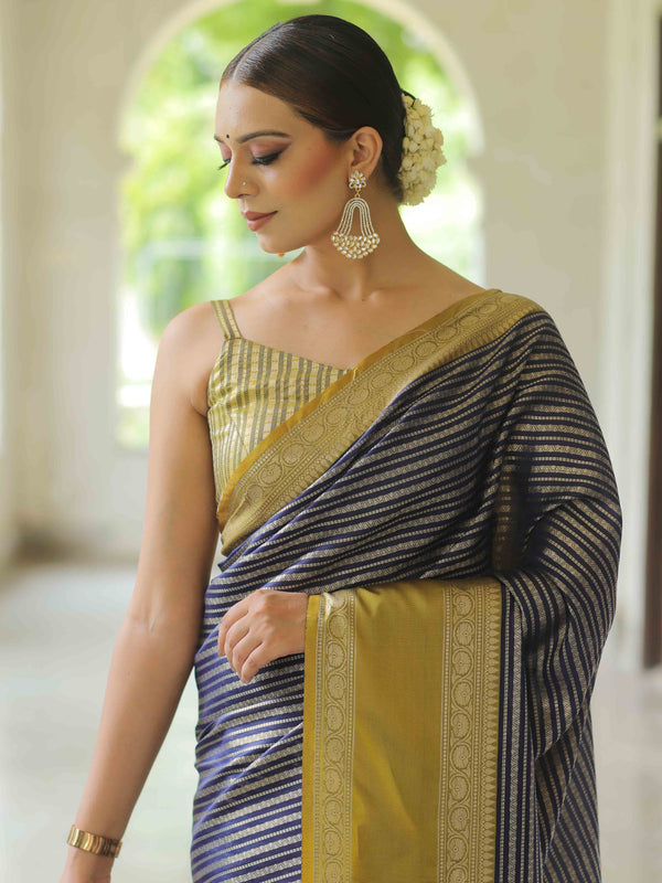 Banarasee Handwoven Semi Silk Saree With Stripes Design & Solid Border-Blue & Green