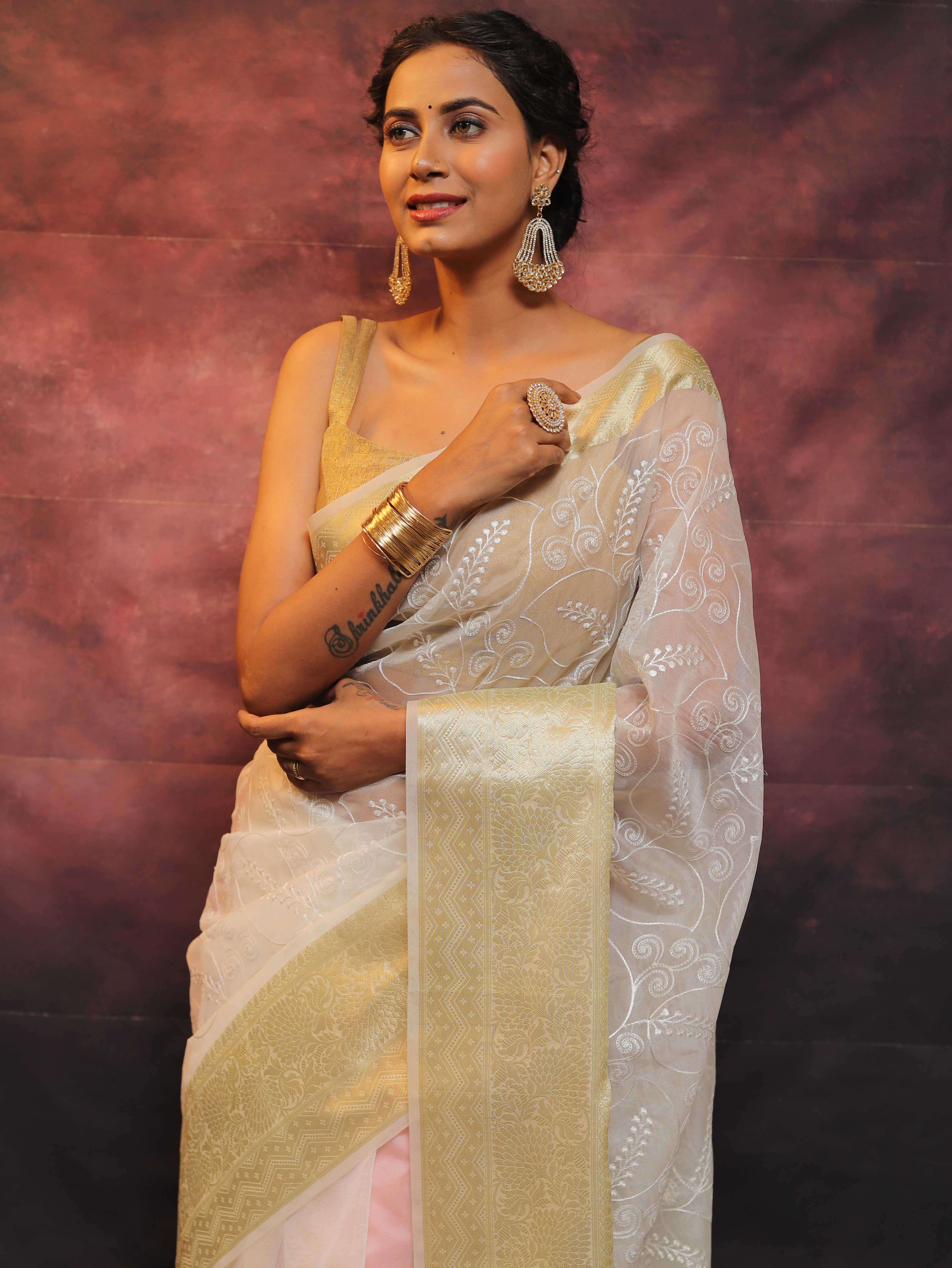 Banarasee Handwoven Broad Border Organza Saree With Embroidered Floral Design-White