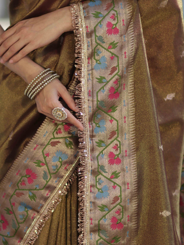 Banarasee Handloom Dual Tone Shimmer Silk Saree With Buti Design & Lace Border-Olive Green