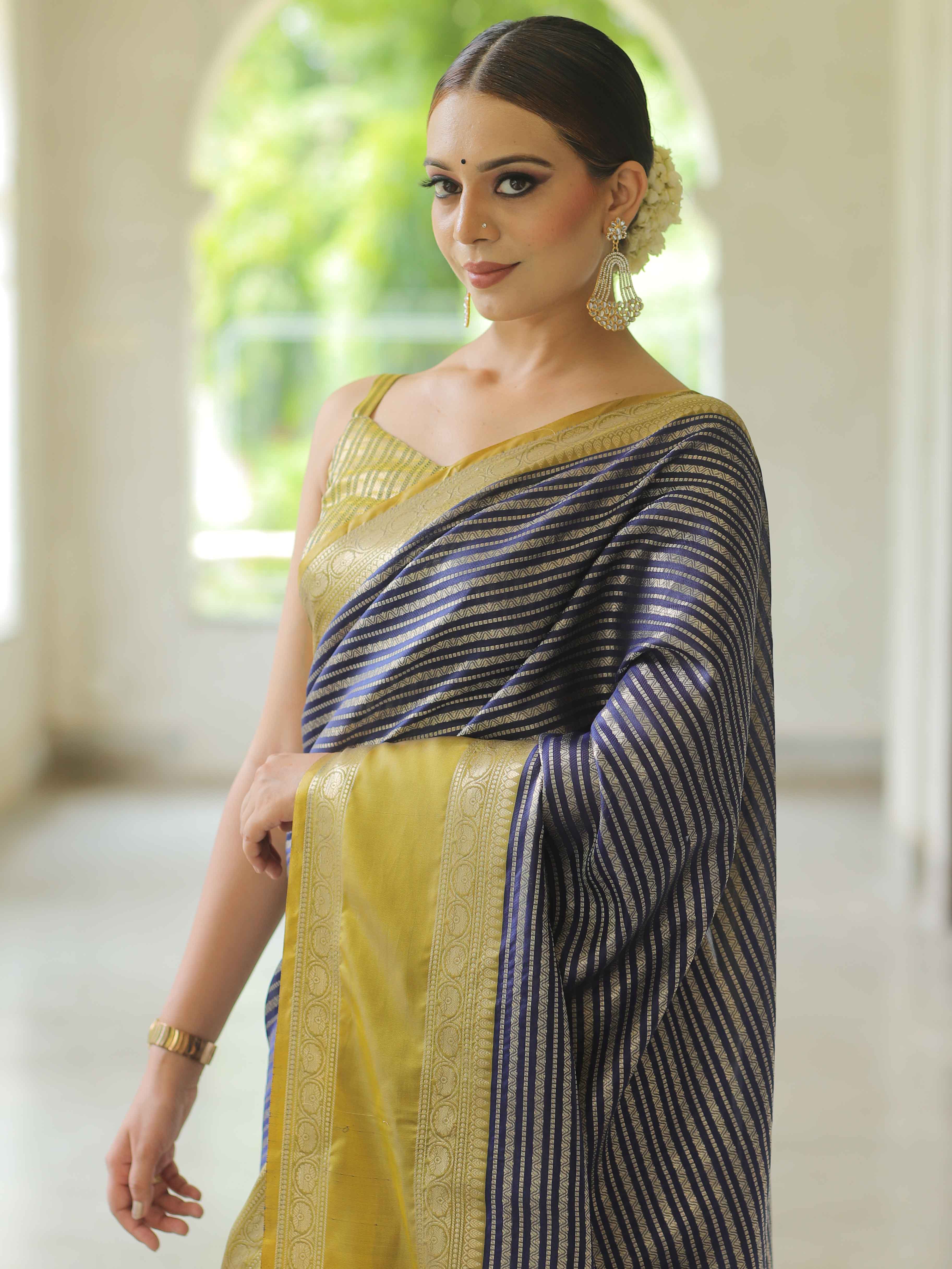 Banarasee Handwoven Semi Silk Saree With Stripes Design & Solid Border-Blue & Green