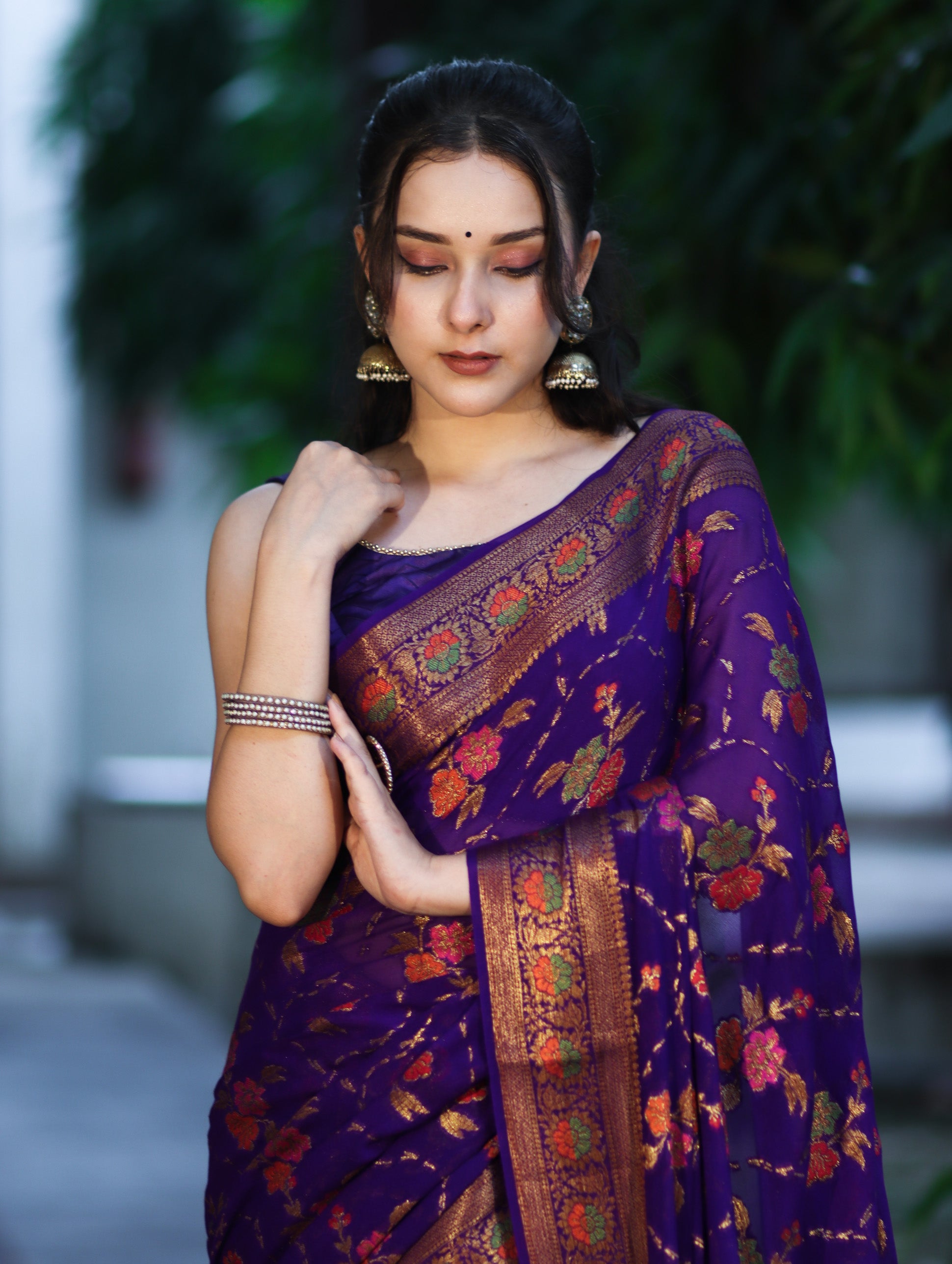 Banarasee Handloom Pure Chiffon Saree With Resham Work-Violet
