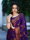 Banarasee Handloom Pure Chiffon Saree With Resham Work-Violet