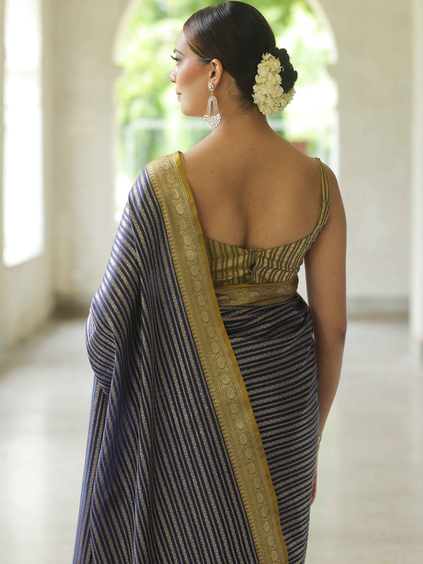 Banarasee Handwoven Semi Silk Saree With Stripes Design & Solid Border-Blue & Green