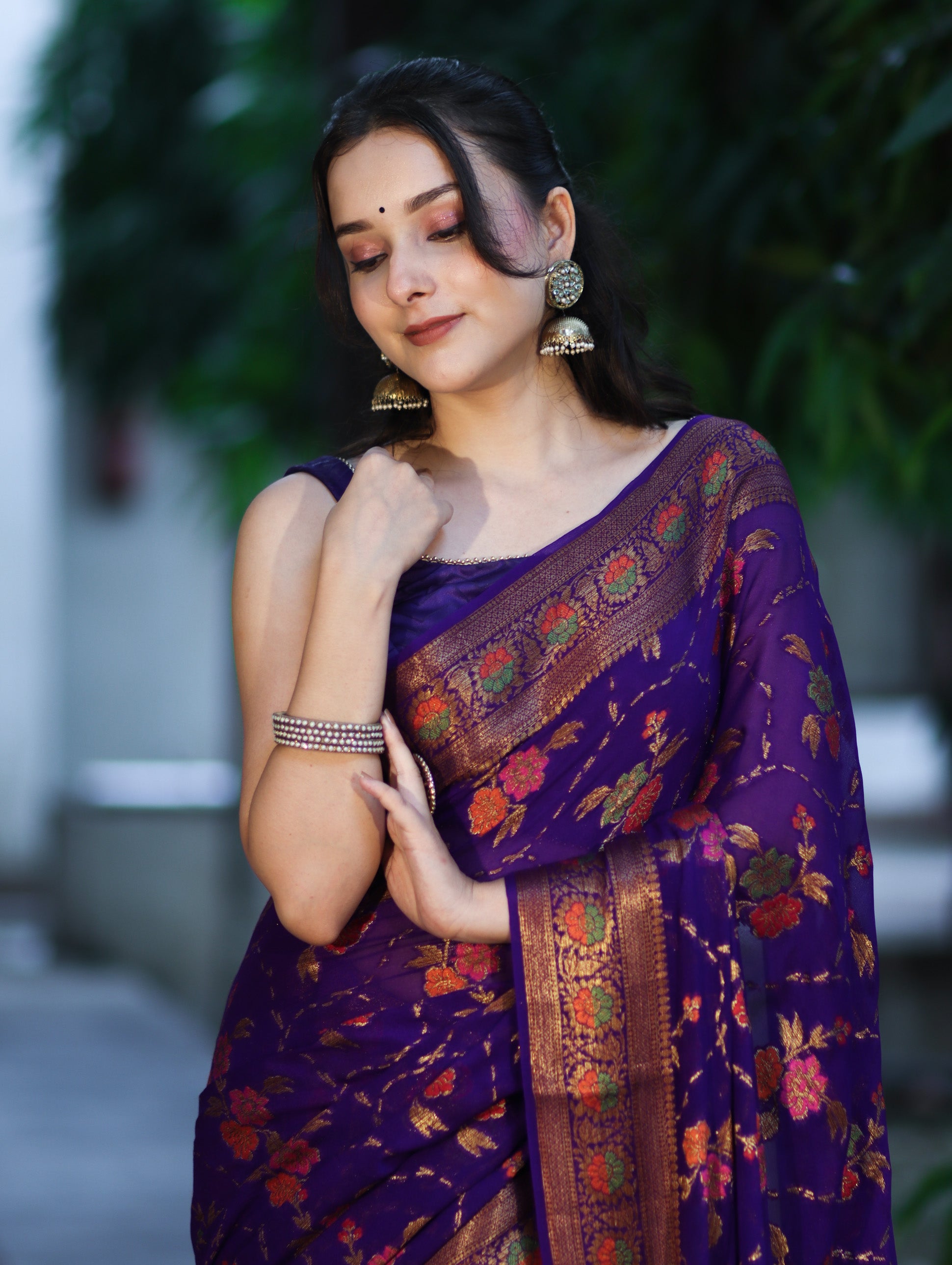 Banarasee Handloom Pure Chiffon Saree With Resham Work-Violet