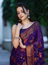 Banarasee Handloom Pure Chiffon Saree With Resham Work-Violet
