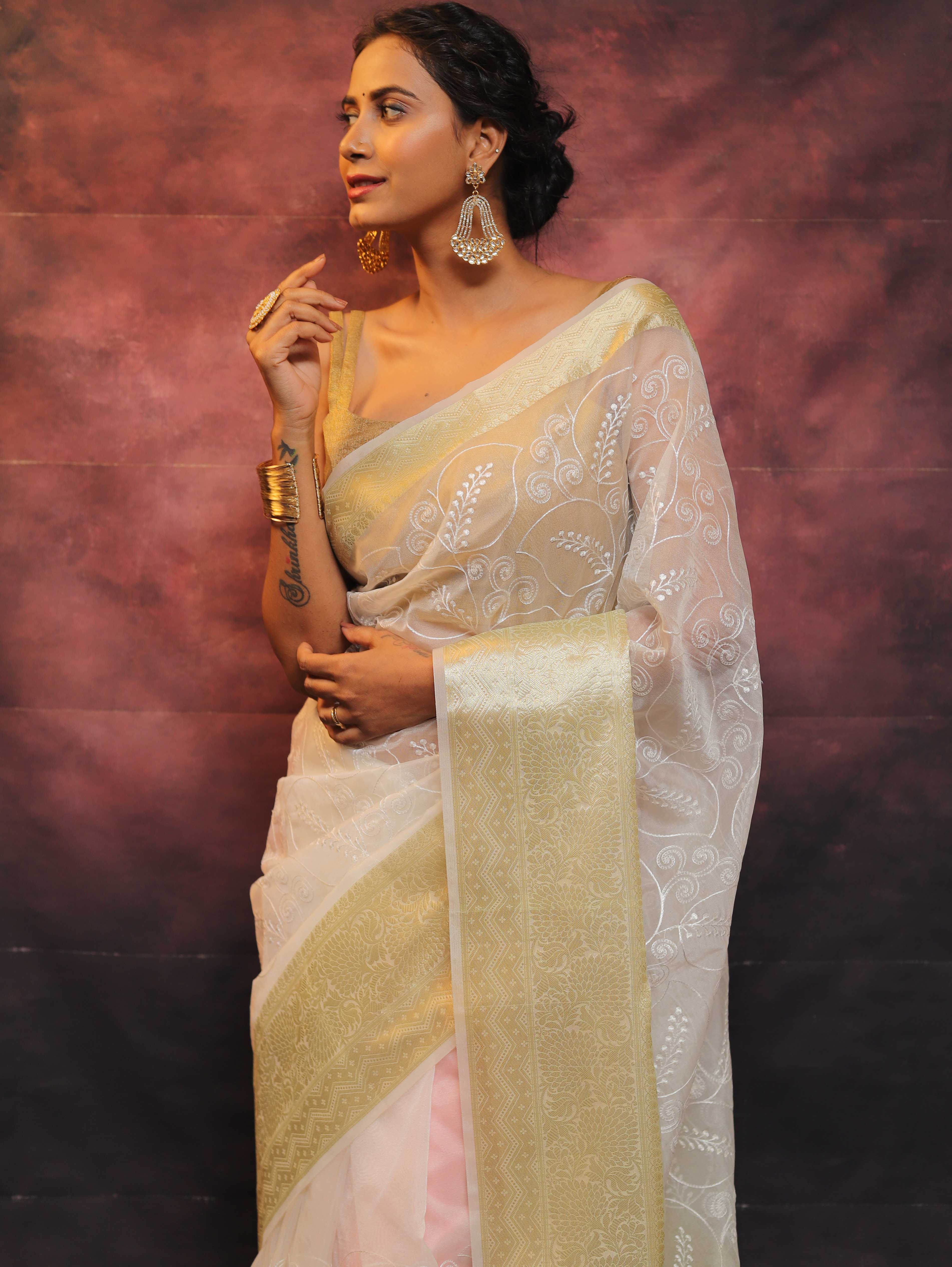 Banarasee Handwoven Broad Border Organza Saree With Embroidered Floral Design-White