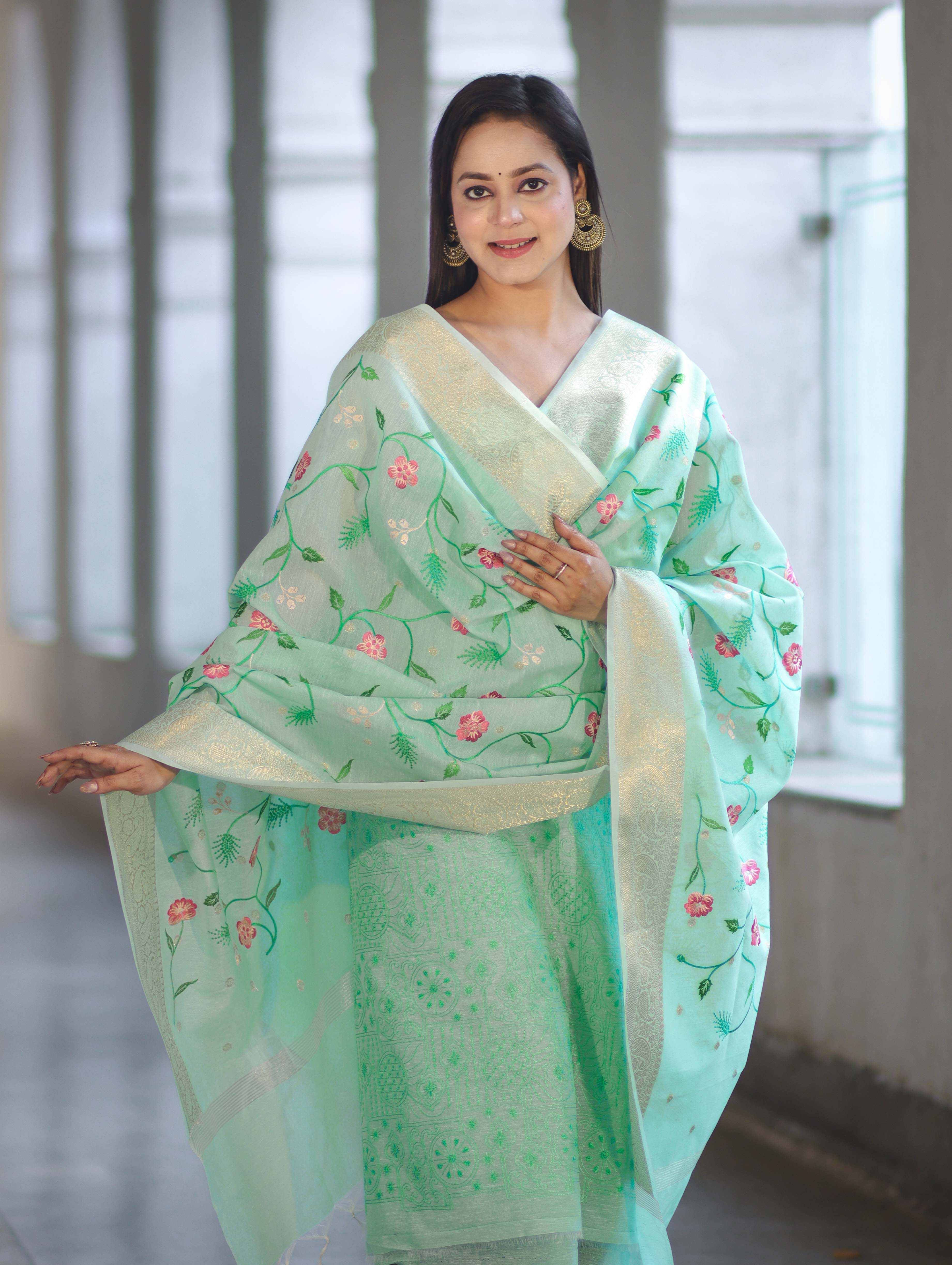 Banarasee Embroidered Linen Cotton Salwar Kameez Fabric With Dupatta Set-Mint Green