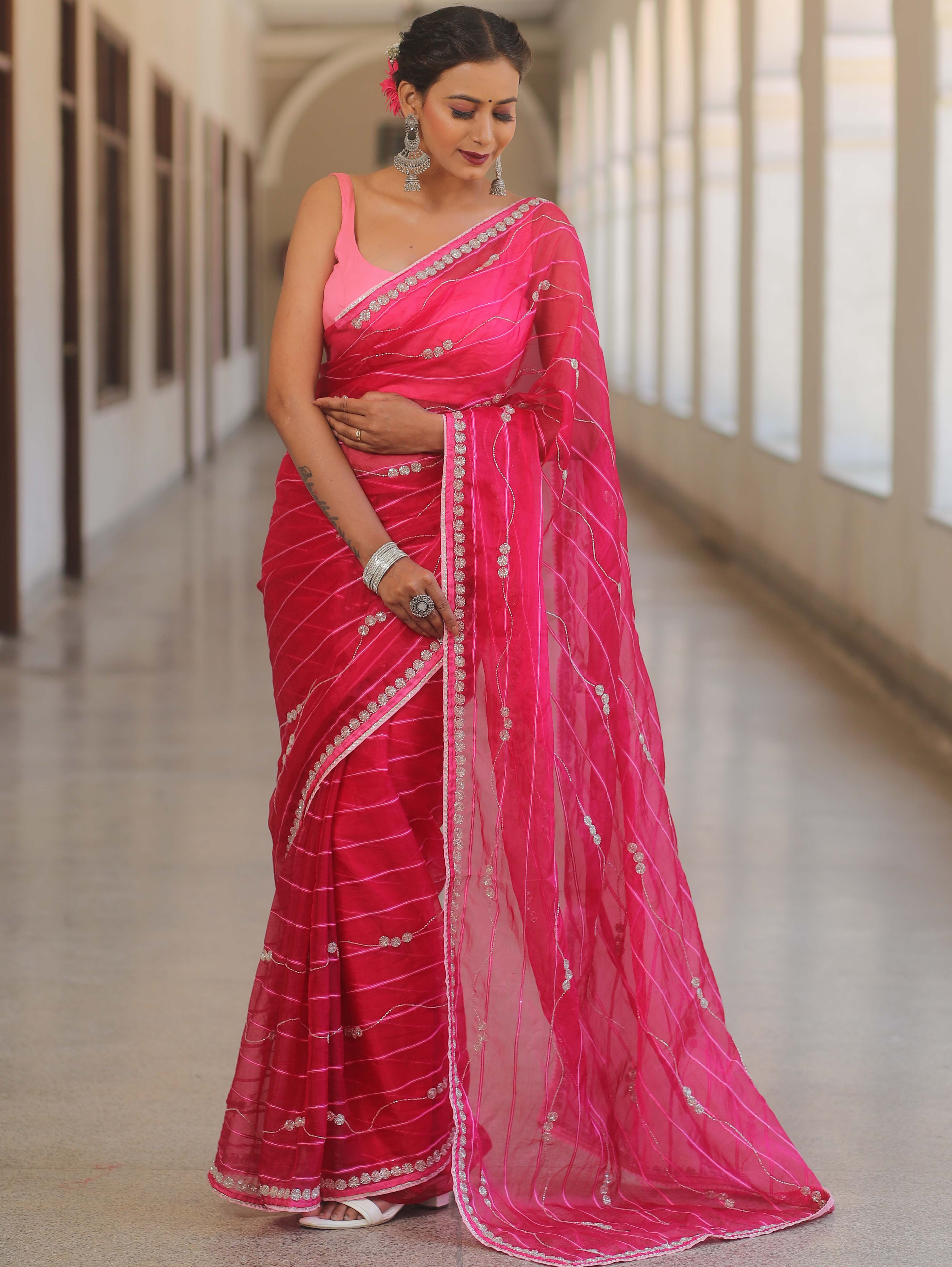 Banarasee Tissue Organza Saree With Handwork & Contrast Blouse-Pink