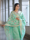 Banarasee Embroidered Linen Cotton Salwar Kameez Fabric With Dupatta Set-Mint Green
