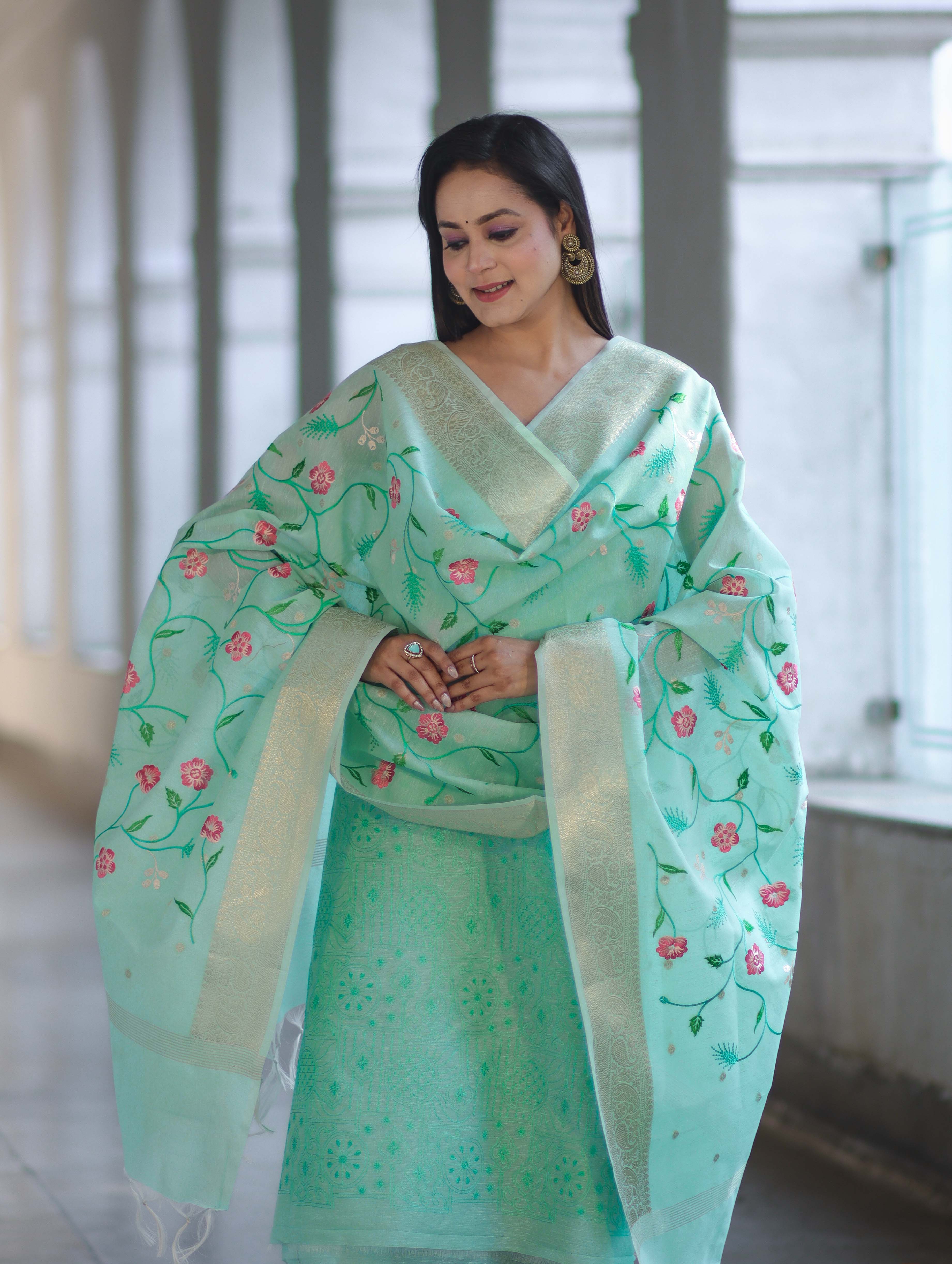 Banarasee Embroidered Linen Cotton Salwar Kameez Fabric With Dupatta Set-Mint Green