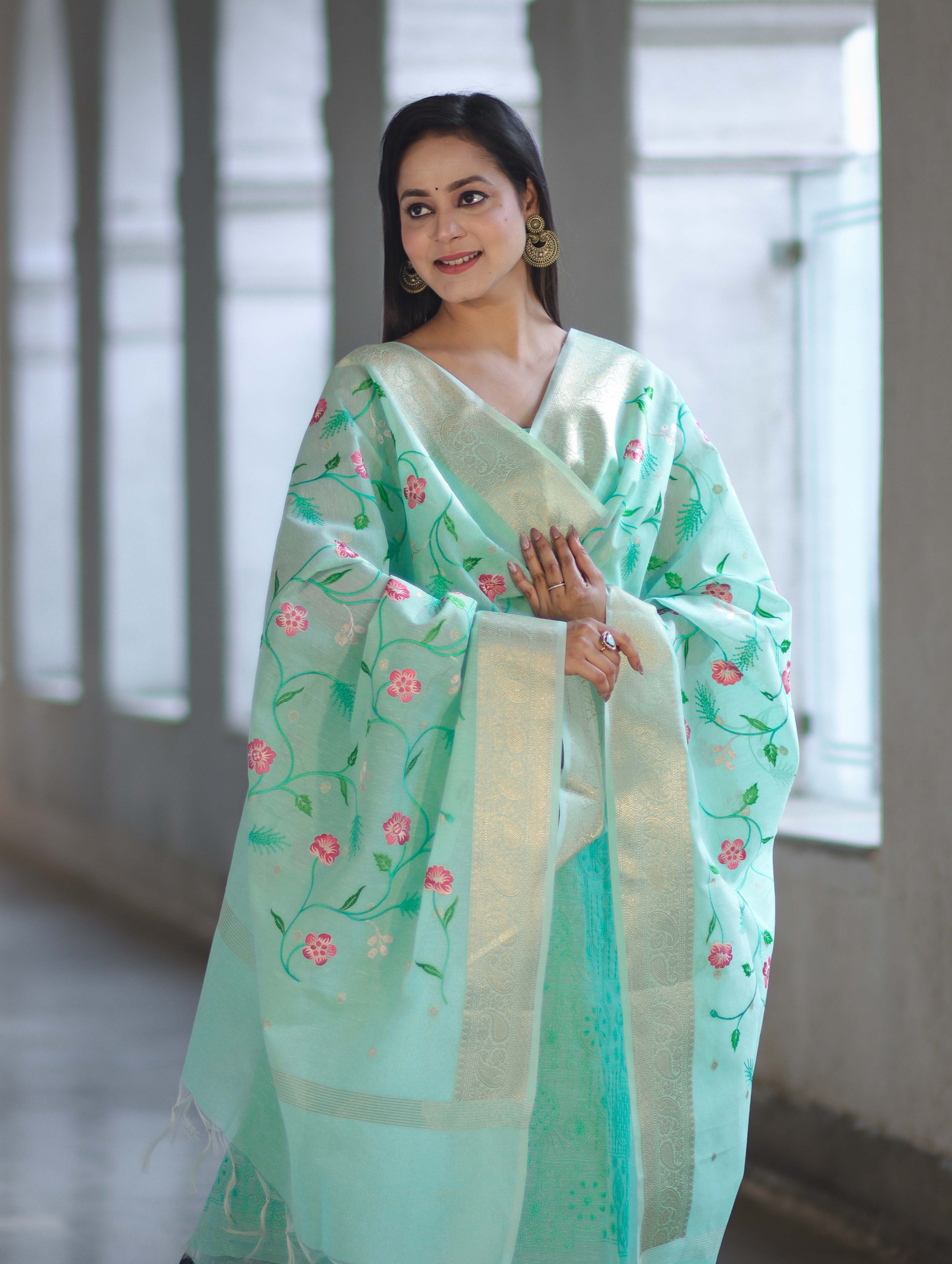 Banarasee Embroidered Linen Cotton Salwar Kameez Fabric With Dupatta Set-Mint Green