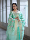 Banarasee Embroidered Linen Cotton Salwar Kameez Fabric With Dupatta Set-Mint Green
