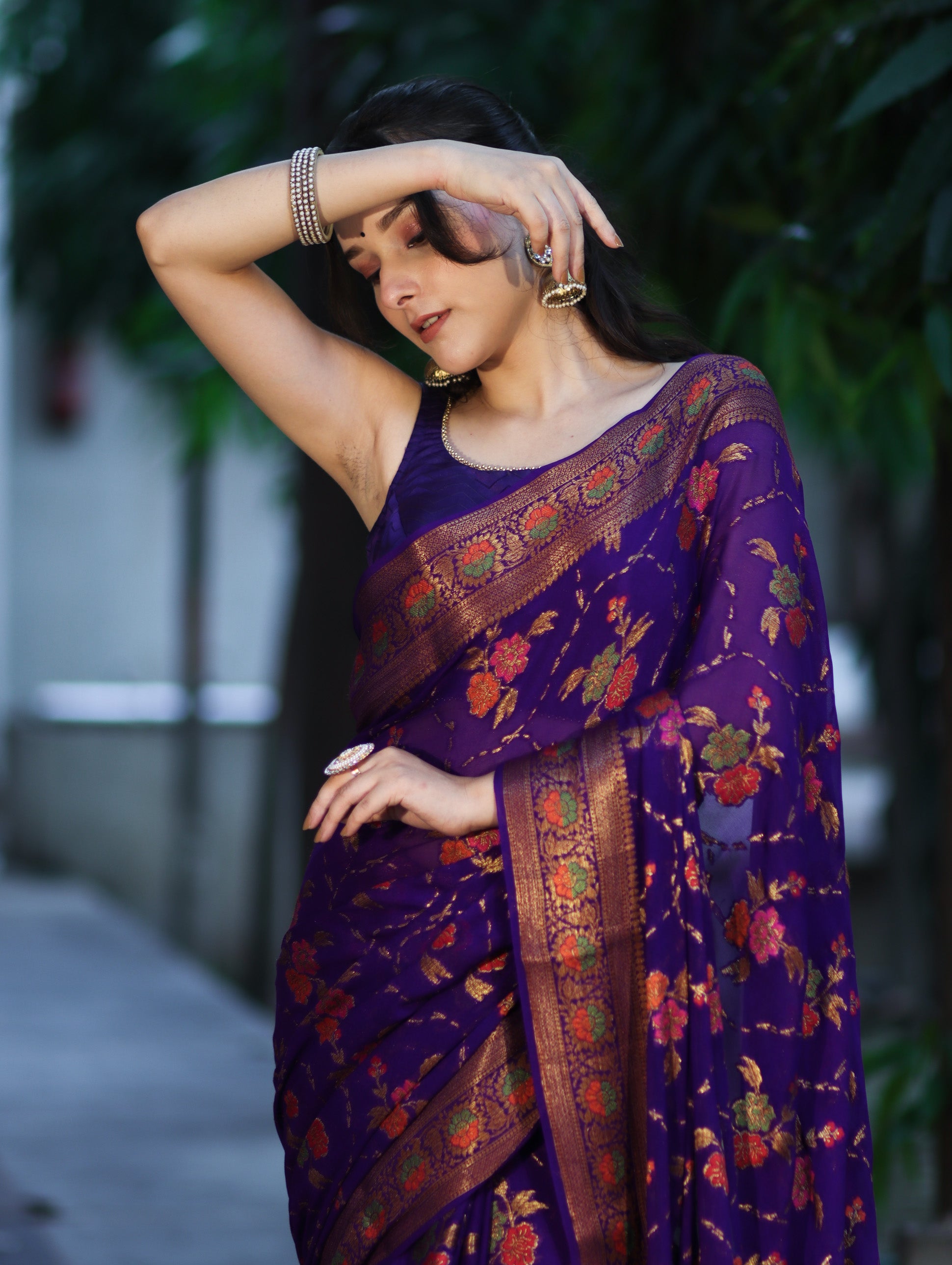 Banarasee Handloom Pure Chiffon Saree With Resham Work-Violet
