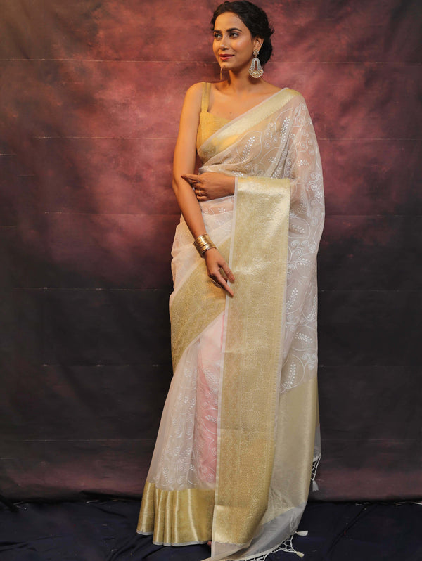 Banarasee Handwoven Broad Border Organza Saree With Embroidered Floral Design-White