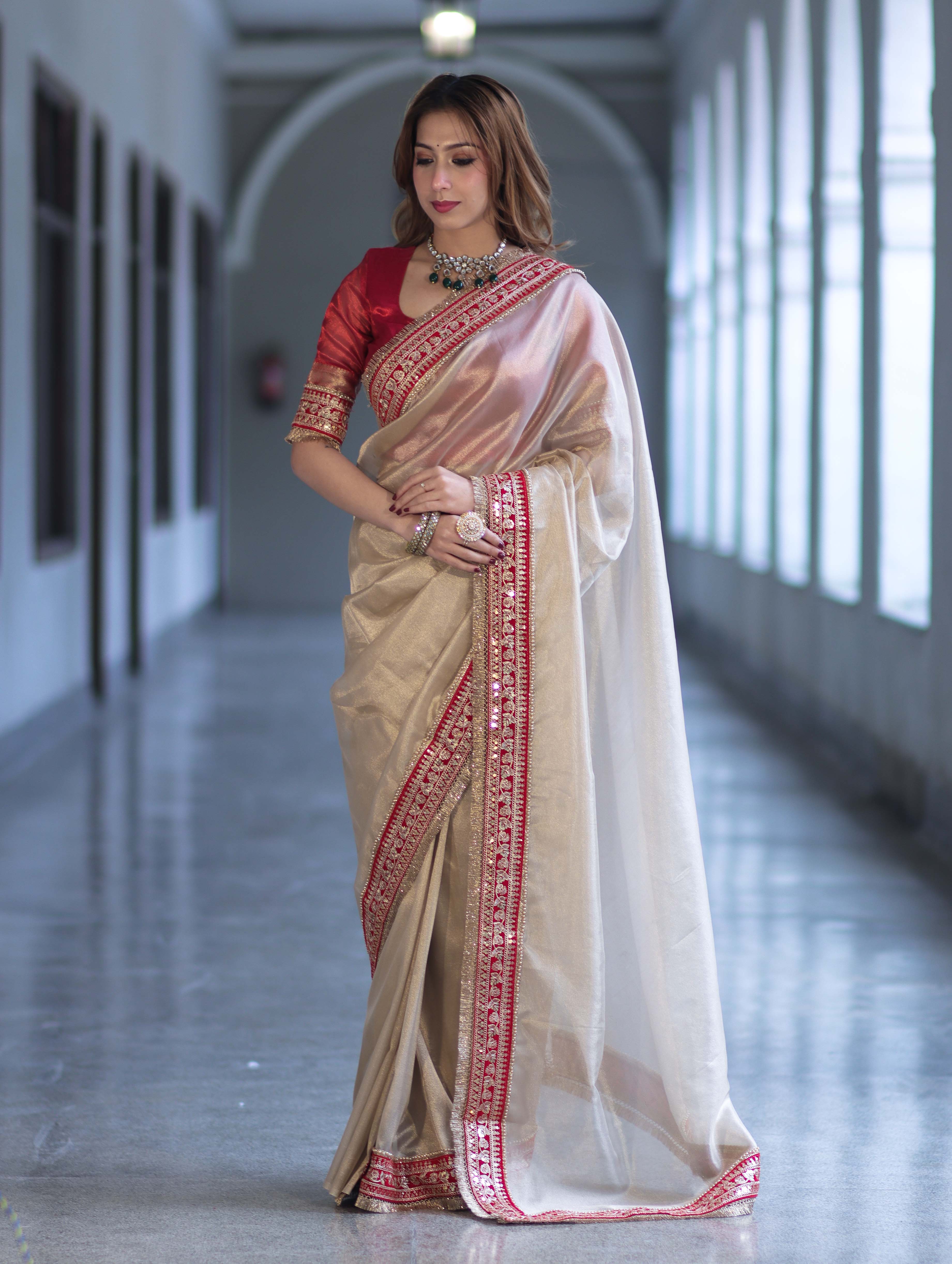 Banarasee Handloom Plain Tissue Saree With Velvet Border & Lace-Gold
