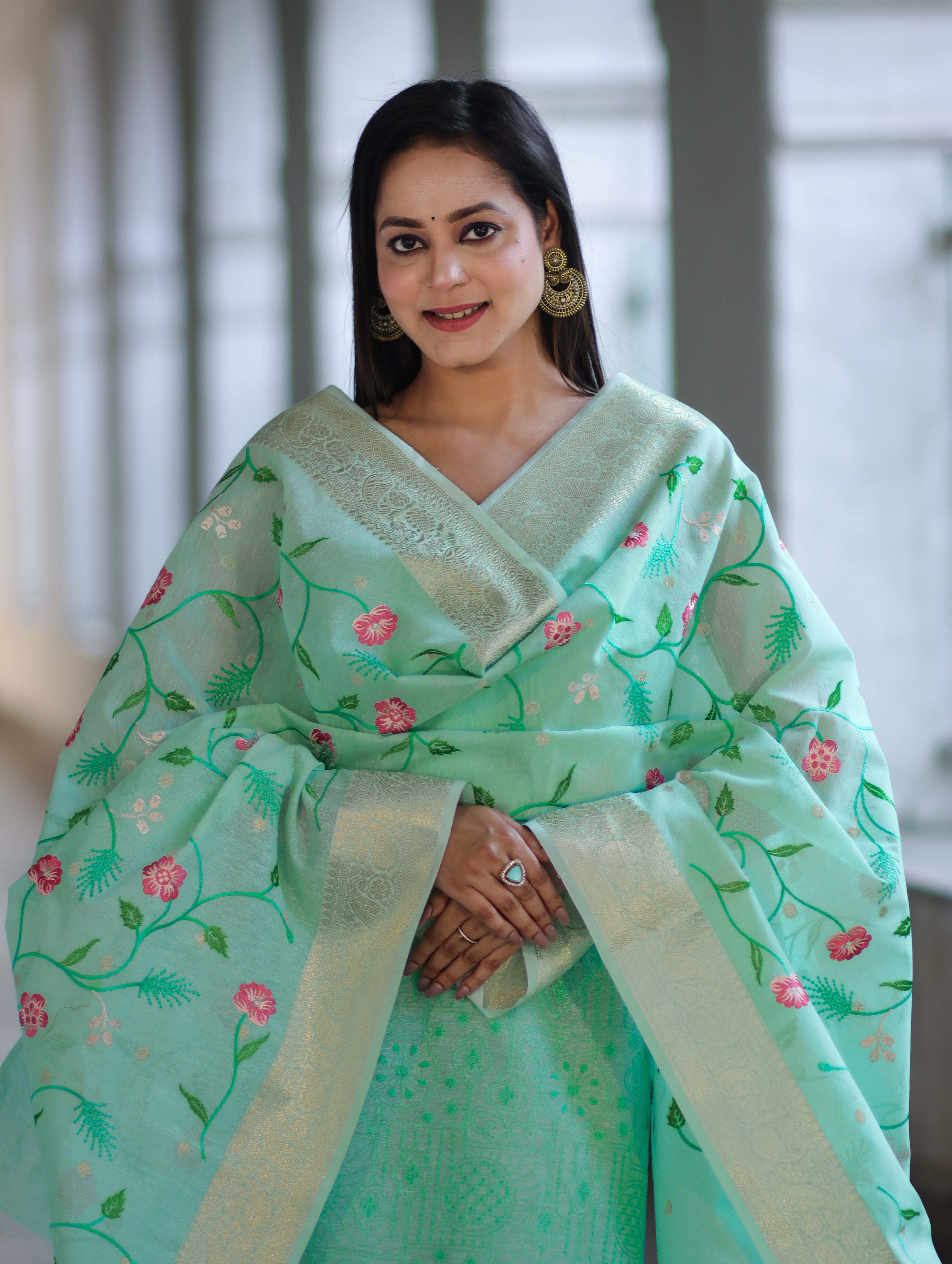 Banarasee Embroidered Linen Cotton Salwar Kameez Fabric With Dupatta Set-Mint Green