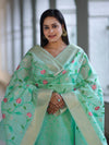 Banarasee Embroidered Linen Cotton Salwar Kameez Fabric With Dupatta Set-Mint Green