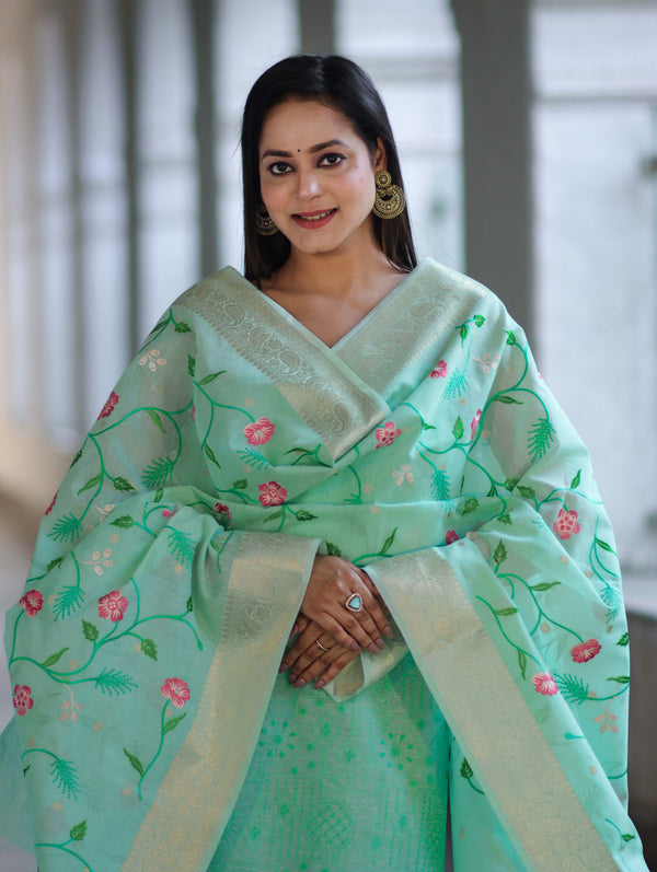 Banarasee Embroidered Linen Cotton Salwar Kameez Fabric With Dupatta Set-Mint Green