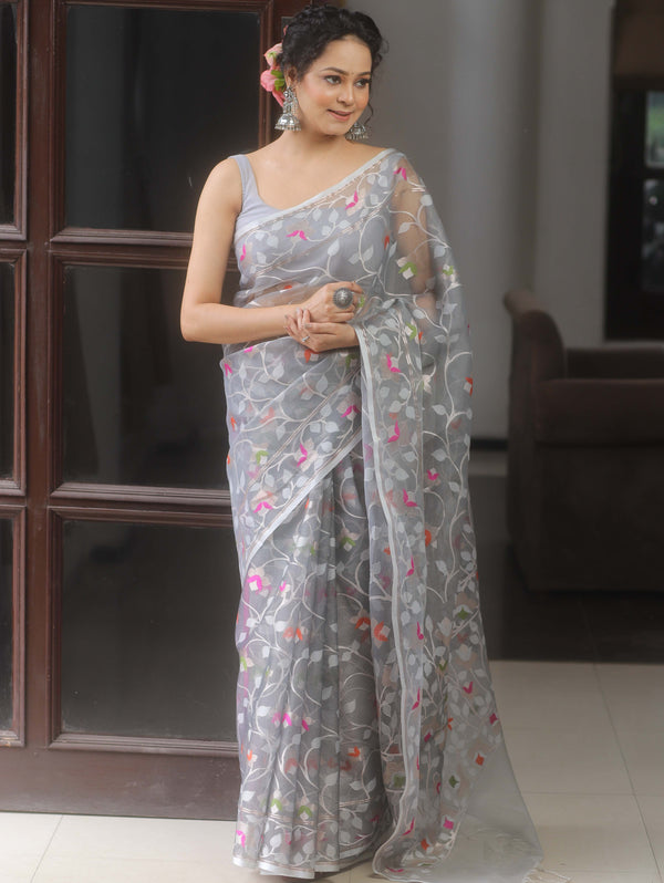 Banarasee Organza Saree With Zari Jaal Design-Grey