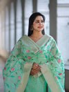 Banarasee Embroidered Linen Cotton Salwar Kameez Fabric With Dupatta Set-Mint Green