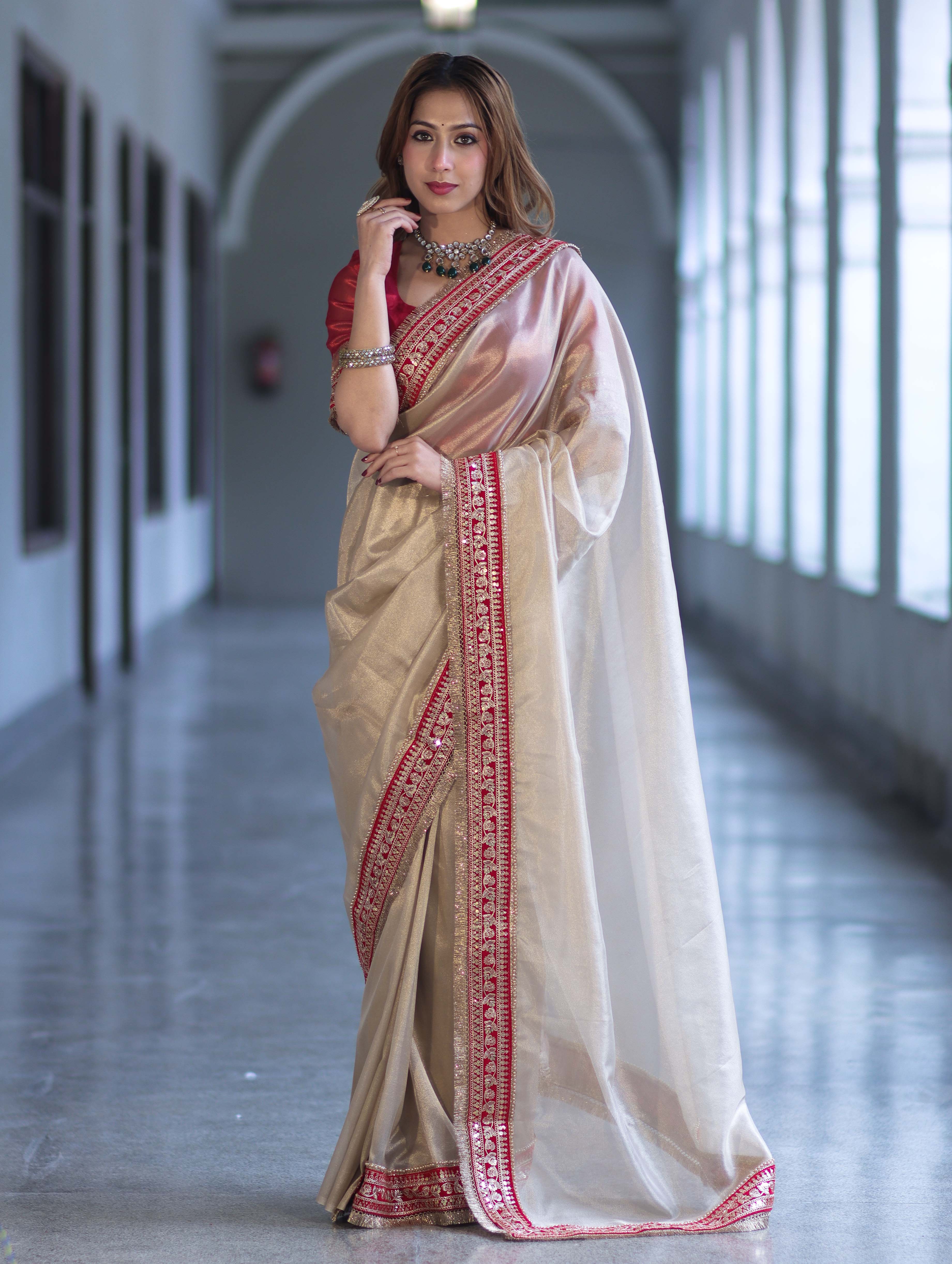 Banarasee Handloom Plain Tissue Saree With Velvet Border & Lace-Gold