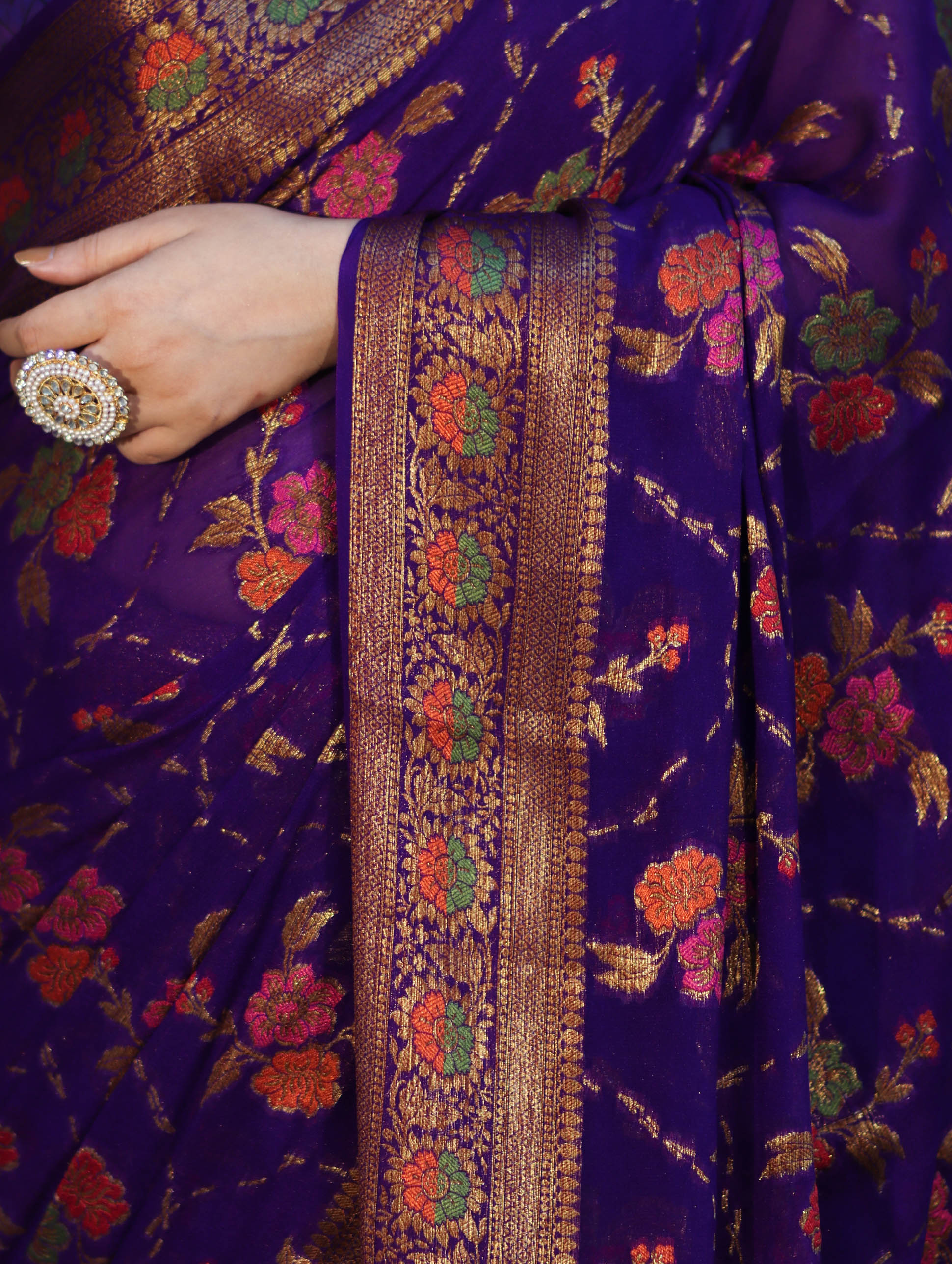 Banarasee Handloom Pure Chiffon Saree With Resham Work-Violet