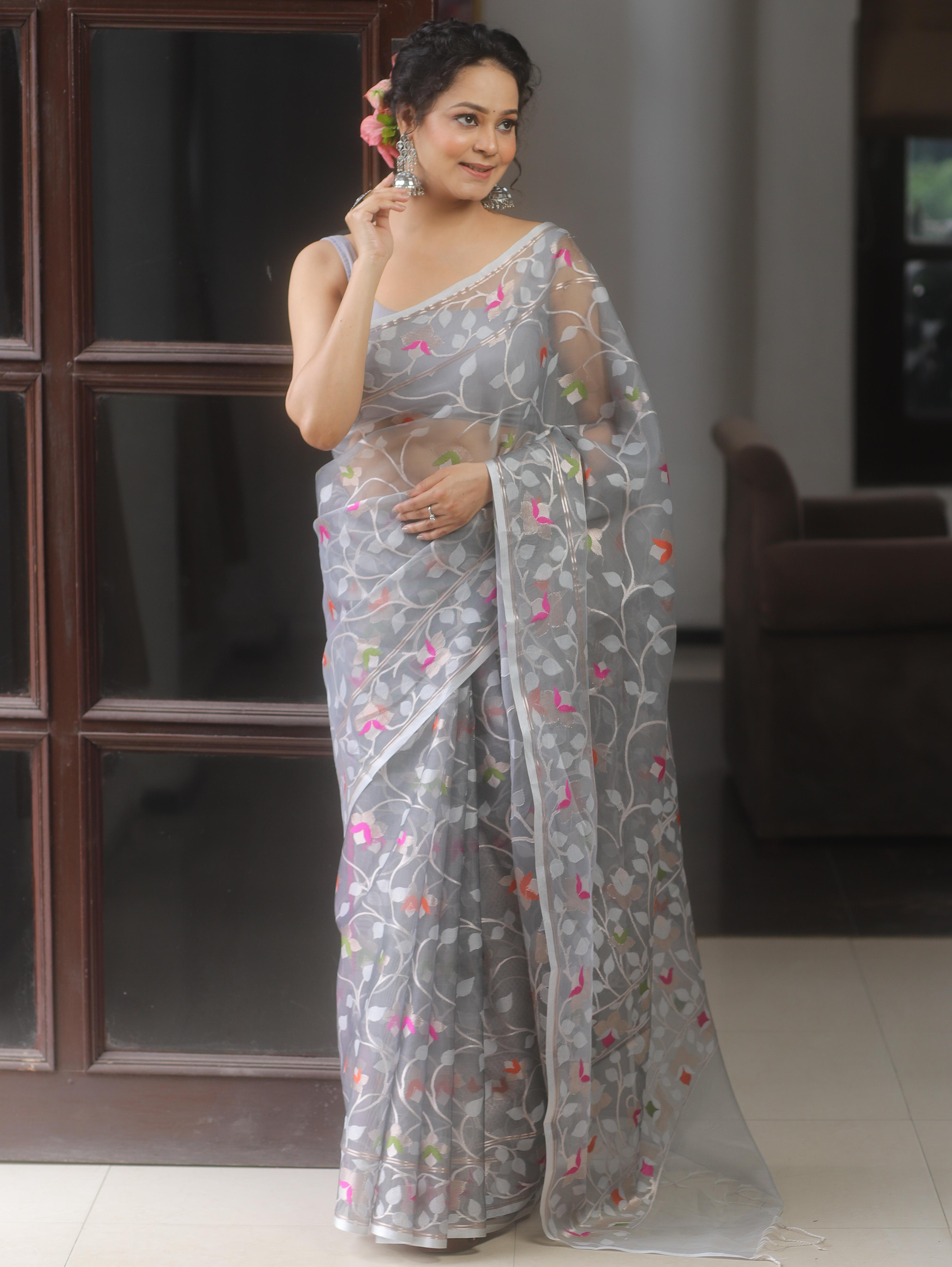 Banarasee Organza Saree With Zari Jaal Design-Grey