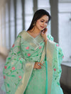 Banarasee Embroidered Linen Cotton Salwar Kameez Fabric With Dupatta Set-Mint Green