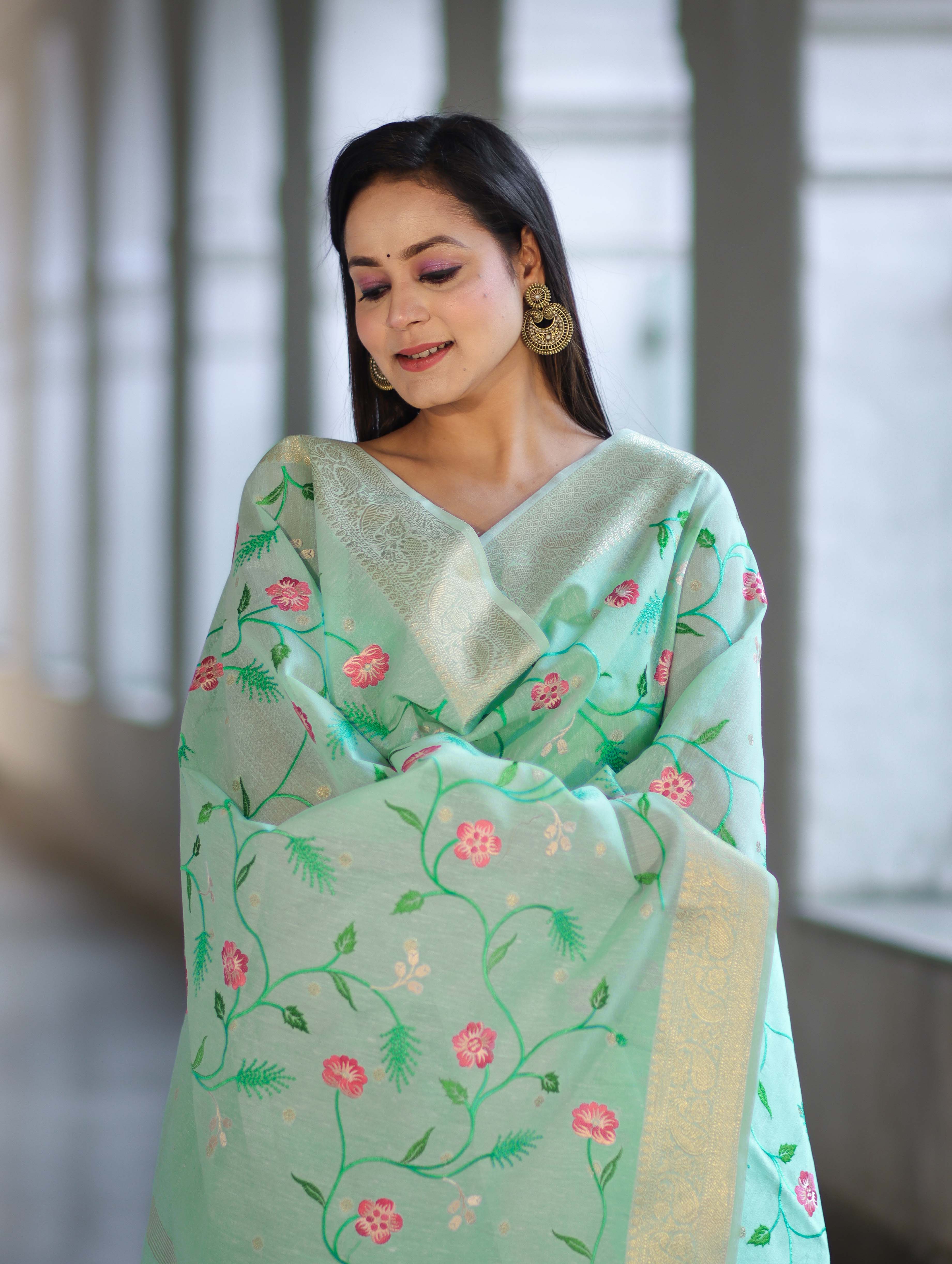 Banarasee Embroidered Linen Cotton Salwar Kameez Fabric With Dupatta Set-Mint Green