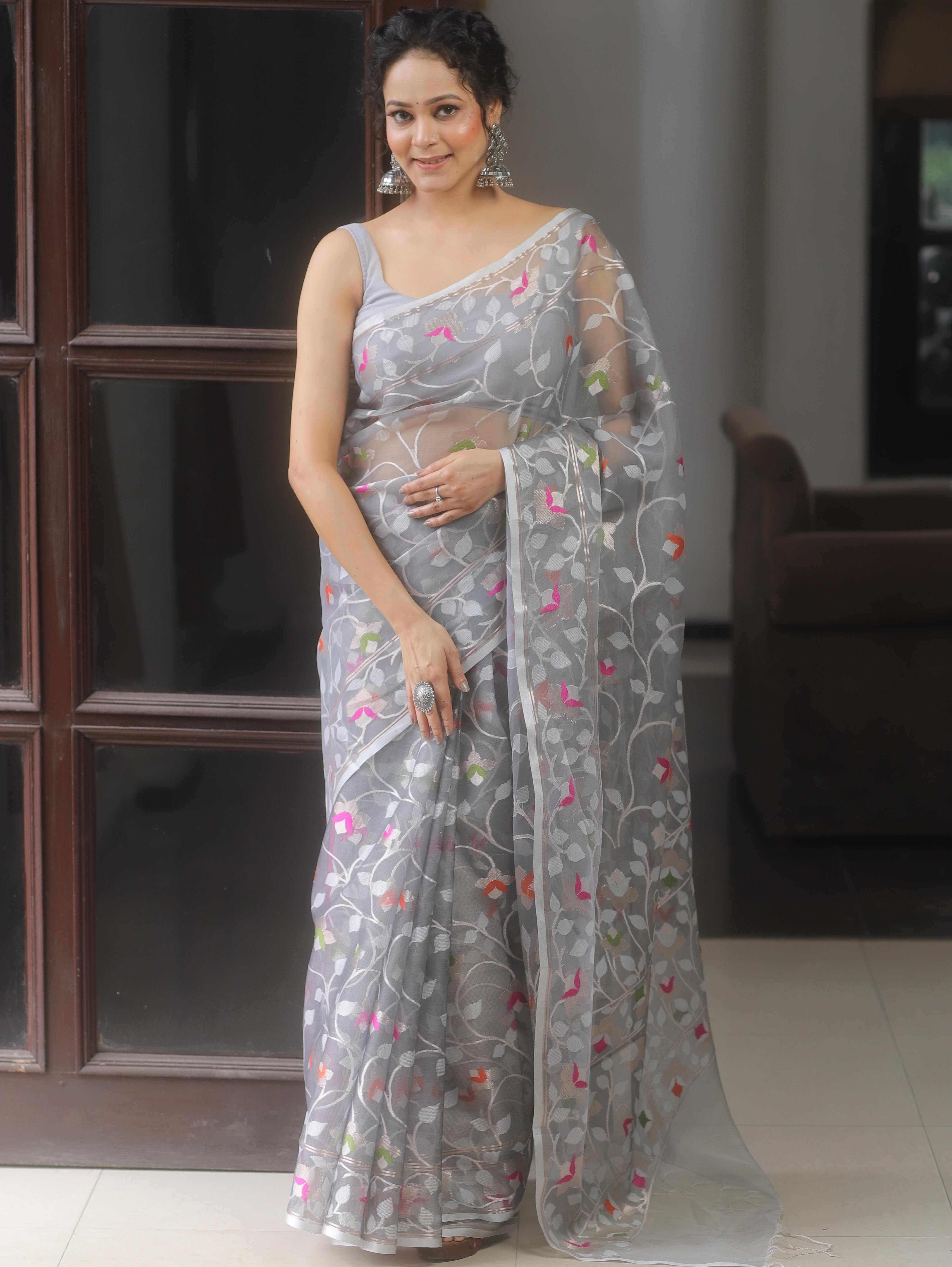 Banarasee Organza Saree With Zari Jaal Design-Grey