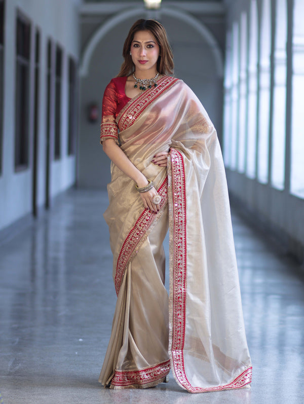Banarasee Handloom Plain Tissue Saree With Velvet Border & Lace-Gold