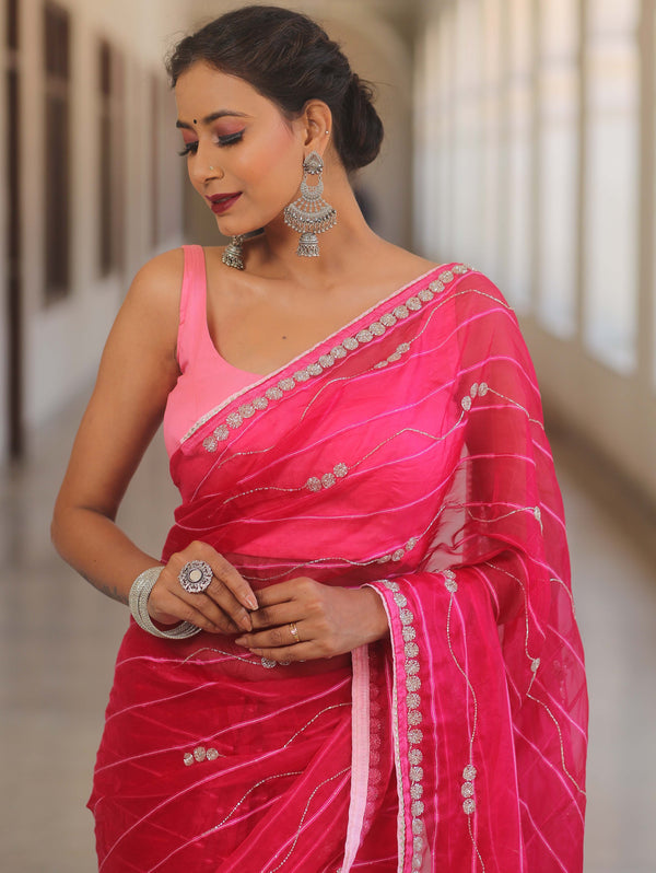 Banarasee Tissue Organza Saree With Handwork & Contrast Blouse-Pink