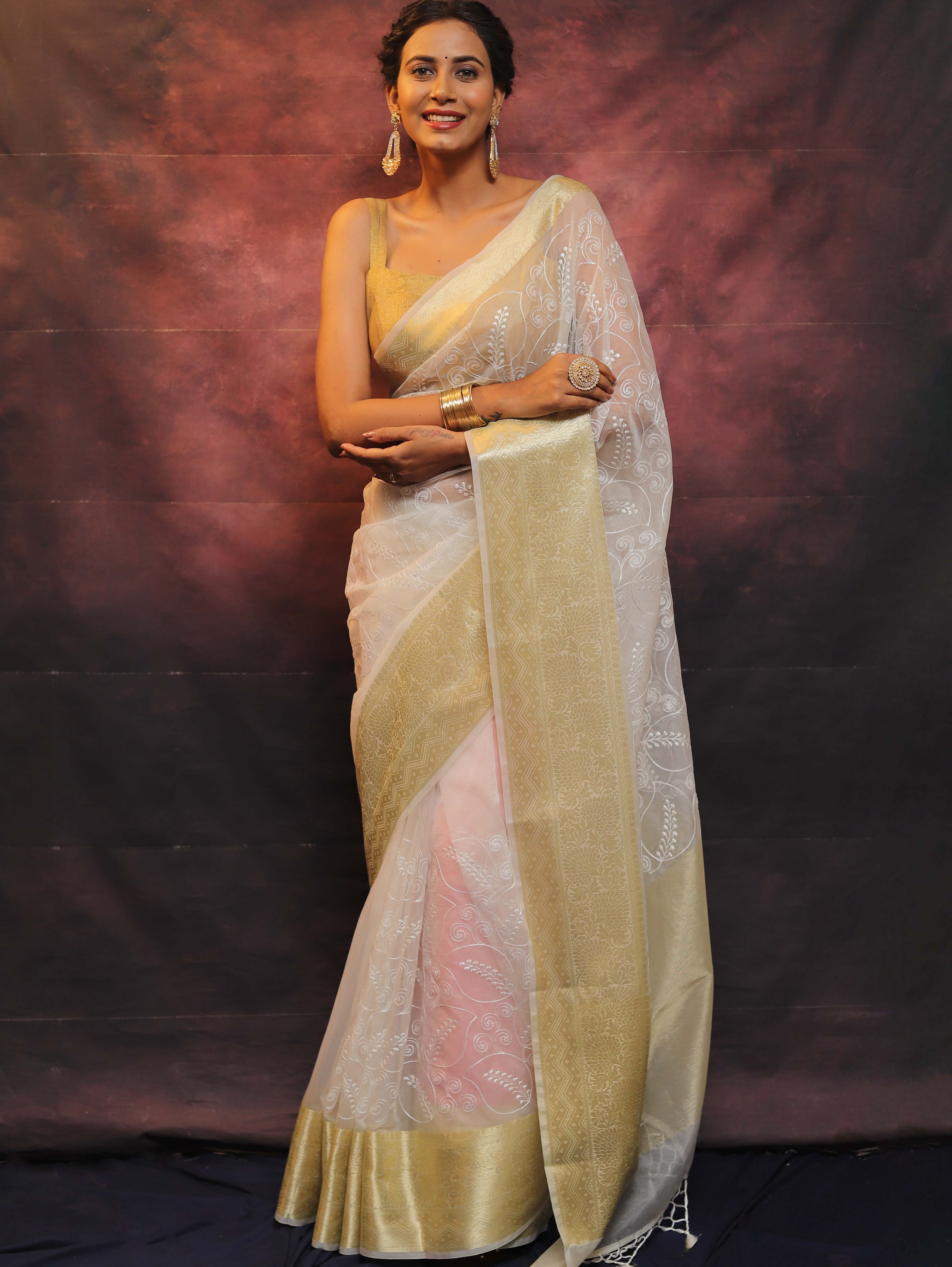 Banarasee Handwoven Broad Border Organza Saree With Embroidered Floral Design-White