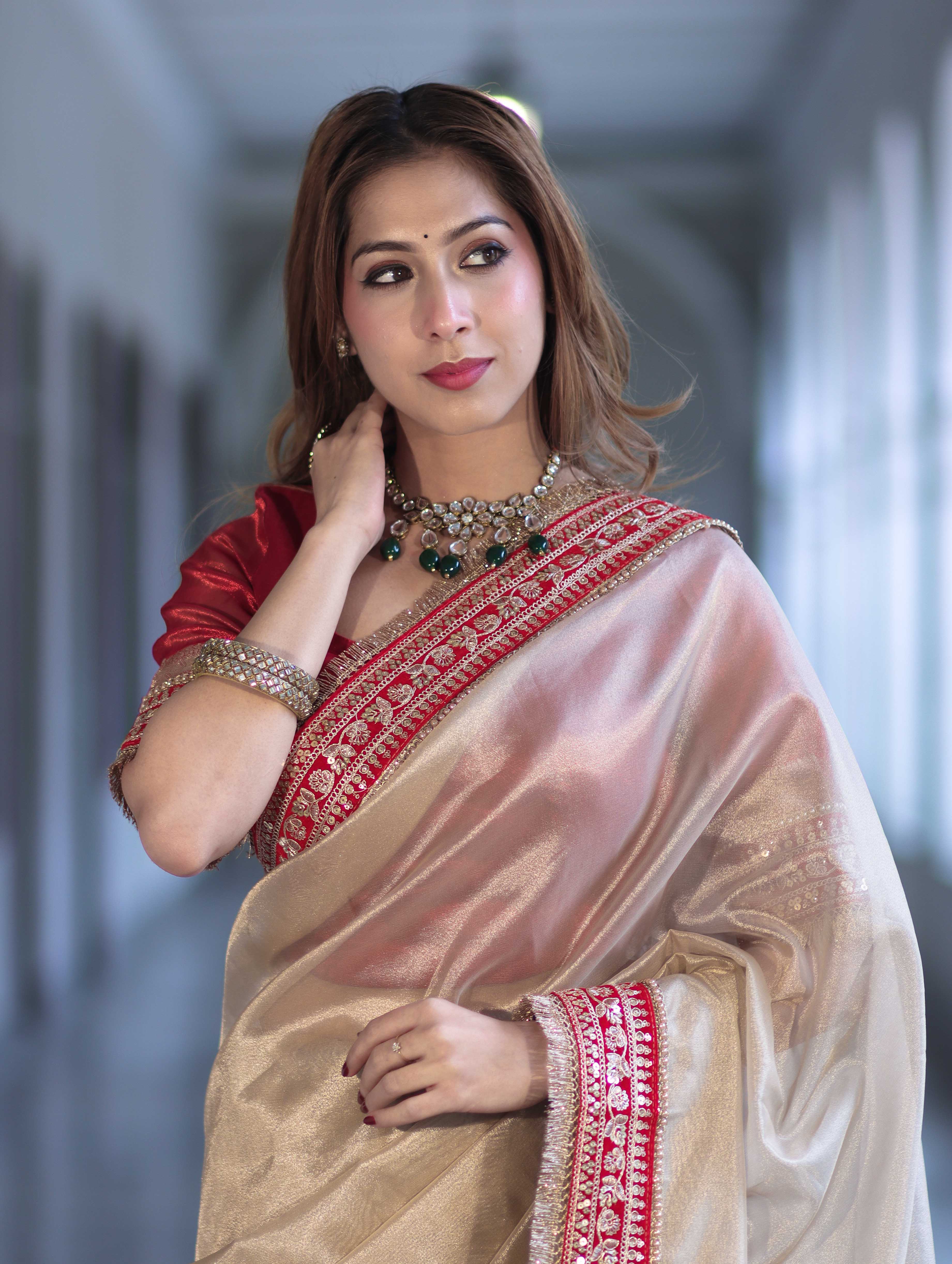 Banarasee Handloom Plain Tissue Saree With Velvet Border & Lace-Gold