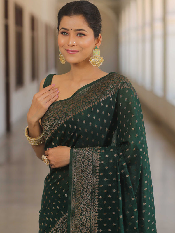 Banarasee Semi-Chiffon Saree With Antique Gold Zari Work-Green