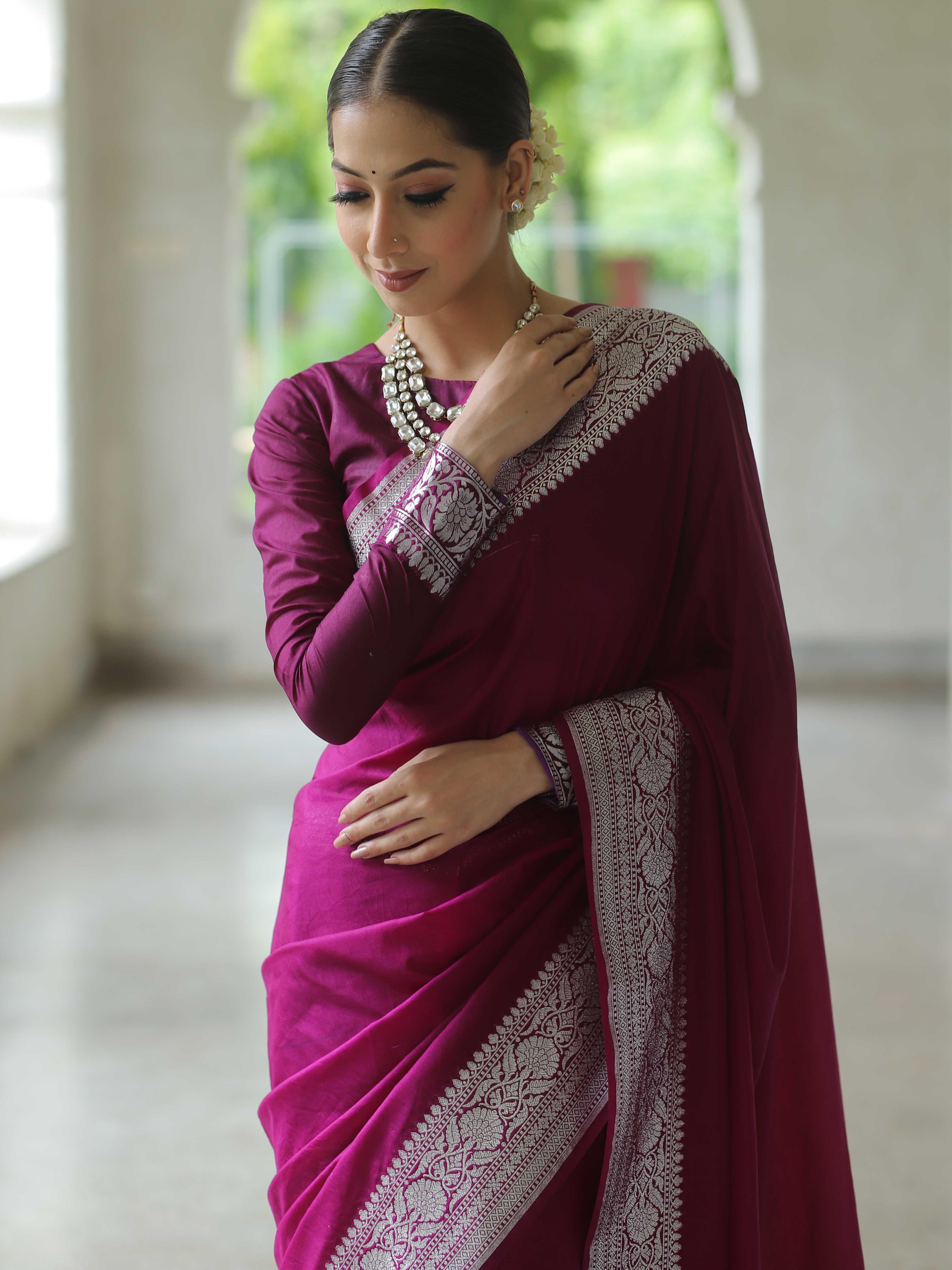 Banarasee Handwoven Faux Georgette Saree With Silver Zari Design-Violet