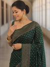 Banarasee Semi-Chiffon Saree With Antique Gold Zari Work-Green