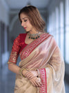 Banarasee Handloom Plain Tissue Saree With Velvet Border & Lace-Gold