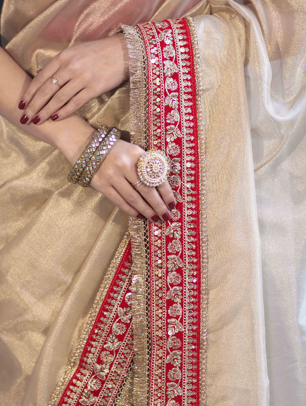 Banarasee Handloom Plain Tissue Saree With Velvet Border & Lace-Gold
