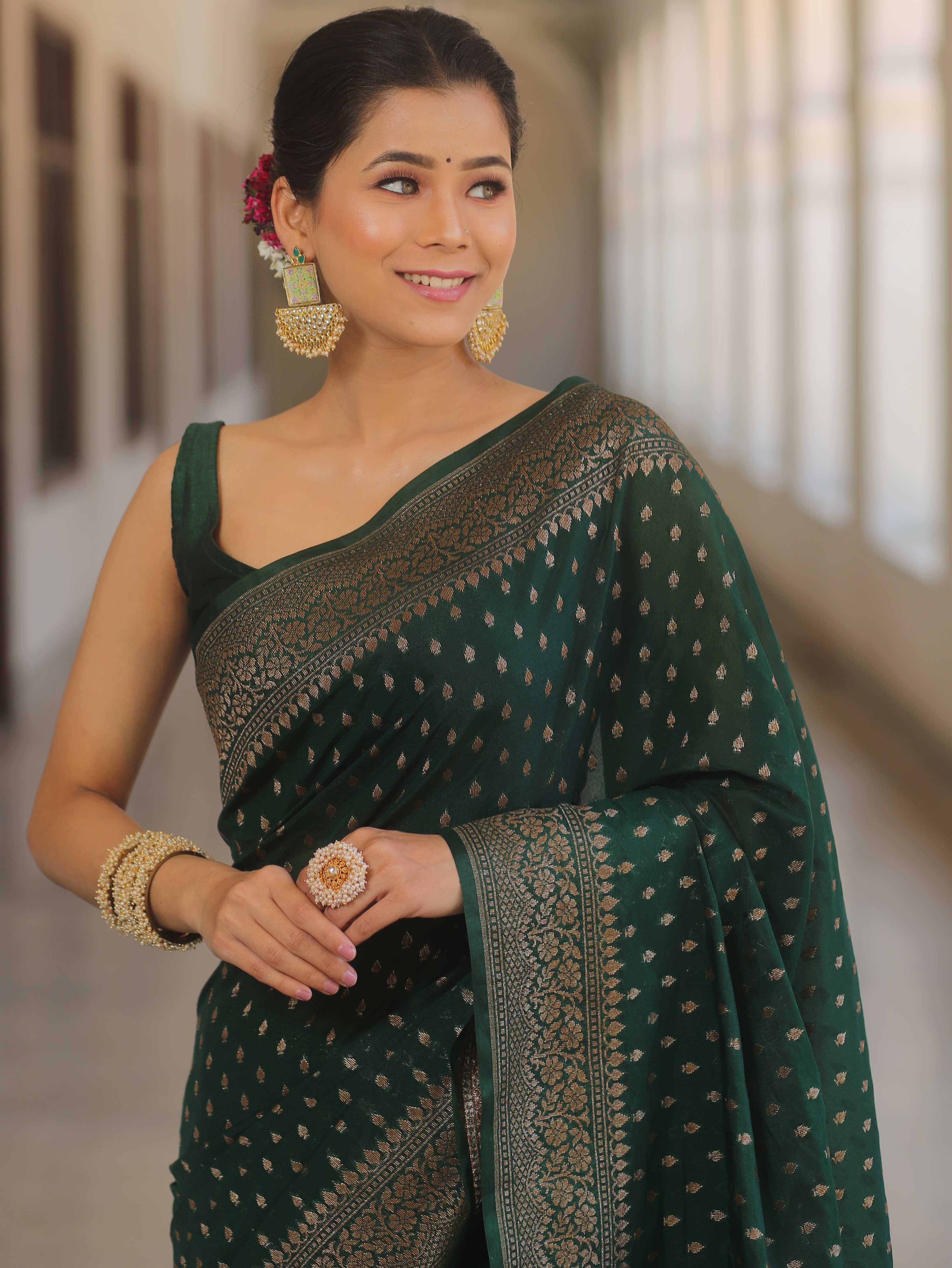 Banarasee Semi-Chiffon Saree With Antique Gold Zari Work-Green